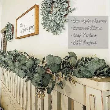 Ouddy Decor 2 Pack Eucalyptus Garland Total 13.1 Ft Lush Silver Dollar Leaves Boxwood Artificial Faux Greenery Vines for Baby Shower Wedding Party Table Runner Room Home Mantle Decor