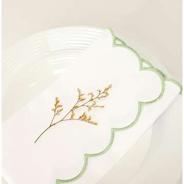 PurpleEssences Scalloped Embroidery Cloth Napkins Table Decor Spring Summer Easter 100% Cotton Set of 4-18 x 18 inch - White - Edges - Sage Green