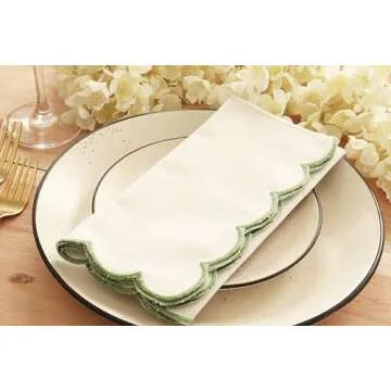 PurpleEssences Scalloped Embroidery Cloth Napkins Table Decor Spring Summer Easter 100% Cotton Set of 4-18 x 18 inch - White - Edges - Sage Green