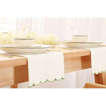 PurpleEssences Scalloped Embroidery Cloth Napkins Table Decor Spring Summer Easter 100% Cotton Set of 4-18 x 18 inch - White - Edges - Sage Green