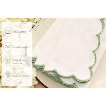 PurpleEssences Scalloped Embroidery Cloth Napkins Table Decor Spring Summer Easter 100% Cotton Set of 4-18 x 18 inch - White - Edges - Sage Green