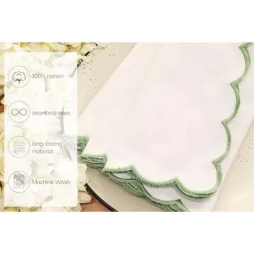 PurpleEssences Scalloped Embroidery Cloth Napkins Table Decor Spring Summer Easter 100% Cotton Set of 4-18 x 18 inch - White - Edges - Sage Green