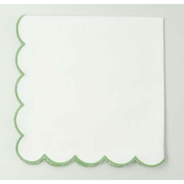 PurpleEssences Scalloped Embroidery Cloth Napkins Table Decor Spring Summer Easter 100% Cotton Set of 4-18 x 18 inch - White - Edges - Sage Green