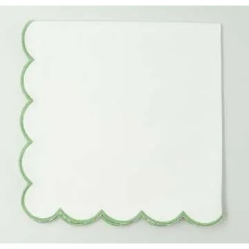 PurpleEssences Scalloped Embroidery Cloth Napkins Table Decor Spring Summer Easter 100% Cotton Set of 4-18 x 18 inch - White - Edges - Sage Green