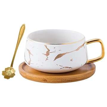 Jusalpha 10 oz Luxury Golden Hand Print Coffee Teacup with Bamboo Saucer Set Fashion Marble Pattern ...