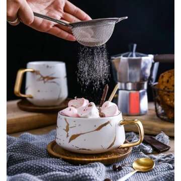 Jusalpha 10 oz Luxury Golden Hand Print Coffee Teacup with Bamboo Saucer Set Fashion Marble Pattern for Women TCS19 (White)