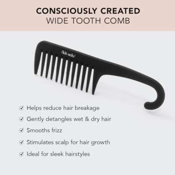 Kitsch Wide Tooth Detangler Comb - Curved Handle for Curly, Wet & Thick Hair, Black Shower Comb for Women