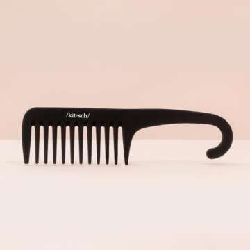Kitsch Wide Tooth Detangler Comb - Curved Handle for Curly, Wet & Thick Hair, Black Shower Comb for Women