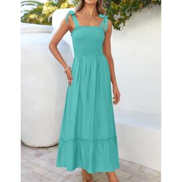 ZESICA Women's 2025 Summer Boho Spaghetti Strap Square Neck Solid Color Ruffle A Line Beach Long Maxi Dress,Aqua,Small