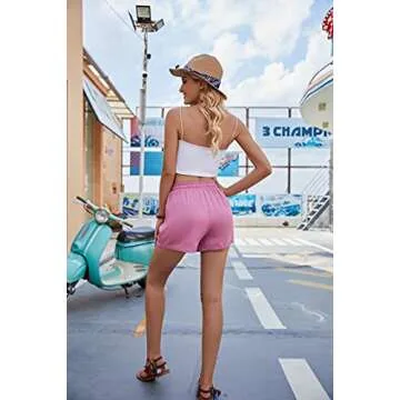 BUENOS NINOS Womens Comfy Summer Beach Short Athletic Sweat Elastic Waist Drawstring Pocketed Sport Casual Shorts Deep Pink L