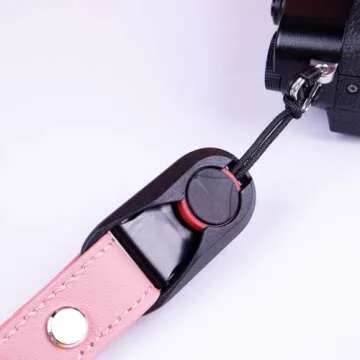 Dekok Leather camera wristband, Vintage Leather Camera Hand Strap for DSLR SLR Mirrorless, Adjustable Safety Strap for Fujifilm X-T5 X-T4 XS10 X-T30 XS20 X100V and Other Compact Cameras (pink)