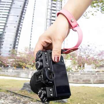 Dekok Leather camera wristband, Vintage Leather Camera Hand Strap for DSLR SLR Mirrorless, Adjustable Safety Strap for Fujifilm X-T5 X-T4 XS10 X-T30 XS20 X100V and Other Compact Cameras (pink)