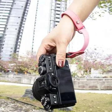 Dekok Leather camera wristband, Vintage Leather Camera Hand Strap for DSLR SLR Mirrorless, Adjustable Safety Strap for Fujifilm X-T5 X-T4 XS10 X-T30 XS20 X100V and Other Compact Cameras (pink)