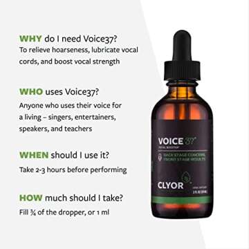 Voice37 - Singers Voice Remedy - All Natural Herbal Vocal Booster Formula to Lubricate Soothe and Relieve Hoarseness Dry Itchy Throat - Enhance Singing and Speaking - 1 oz - VOICE37 by Clyor