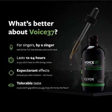 Voice37 - Singers Voice Remedy - All Natural Herbal Vocal Booster Formula to Lubricate Soothe and Relieve Hoarseness Dry Itchy Throat - Enhance Singing and Speaking - 1 oz - VOICE37 by Clyor