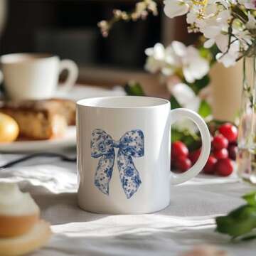 JKMBN Chinoiserie Floral Bows Coffee Tea Mugs, Coquette Grandmillennial Bows Ceramic Coffee Mug, Vin...
