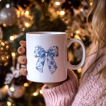 JKMBN Chinoiserie Floral Bows Coffee Tea Mugs, Coquette Grandmillennial Bows Ceramic Coffee Mug, Vintage Blue Coffee Cup, 11oz Ceramic Cup White