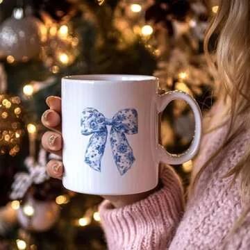 JKMBN Chinoiserie Floral Bows Coffee Tea Mugs, Coquette Grandmillennial Bows Ceramic Coffee Mug, Vintage Blue Coffee Cup, 11oz Ceramic Cup White