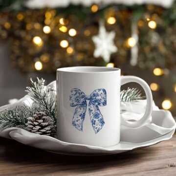 JKMBN Chinoiserie Floral Bows Coffee Tea Mugs, Coquette Grandmillennial Bows Ceramic Coffee Mug, Vintage Blue Coffee Cup, 11oz Ceramic Cup White