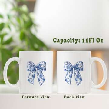JKMBN Chinoiserie Floral Bows Coffee Tea Mugs, Coquette Grandmillennial Bows Ceramic Coffee Mug, Vintage Blue Coffee Cup, 11oz Ceramic Cup White