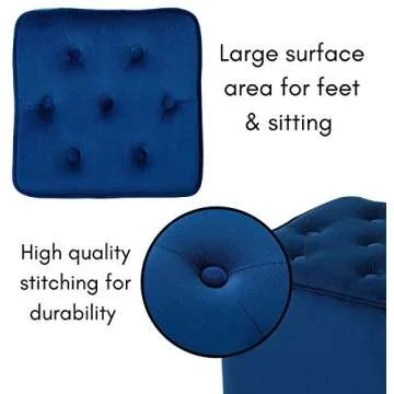 BIRDROCK HOME Tufted Navy Velvet Ottoman Foot Stool - Square - Soft Compact Padded Stool - Great for The Living Room, Bedroom and Kids Room - Upholstered Small Furniture