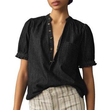 Locachy Women's Half Button Mock Neck Denim Shirt Casual Puff Short Sleeve Denim Blouse Top Black XL