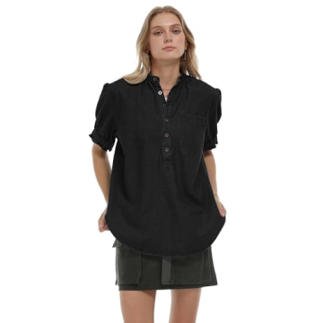 Locachy Women's Half Button Mock Neck Denim Shirt Casual Puff Short Sleeve Denim Blouse Top Black XL