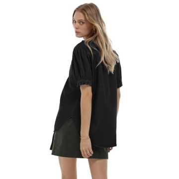 Locachy Women's Half Button Mock Neck Denim Shirt Casual Puff Short Sleeve Denim Blouse Top Black XL