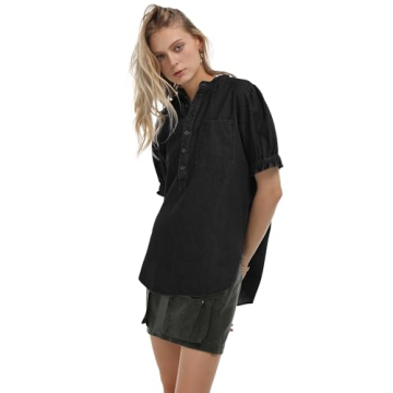 Locachy Women's Half Button Mock Neck Denim Shirt Casual Puff Short Sleeve Denim Blouse Top Black XL