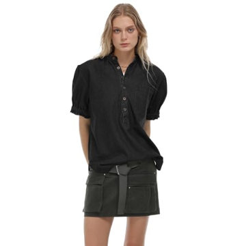 Locachy Women's Half Button Mock Neck Denim Shirt Casual Puff Short Sleeve Denim Blouse Top Black XL