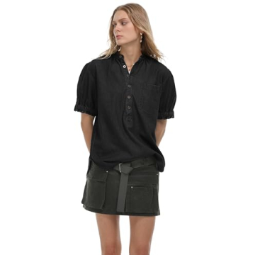 Locachy Women's Half Button Mock Neck Denim Shirt Casual Puff Short Sleeve Denim Blouse Top Black XL