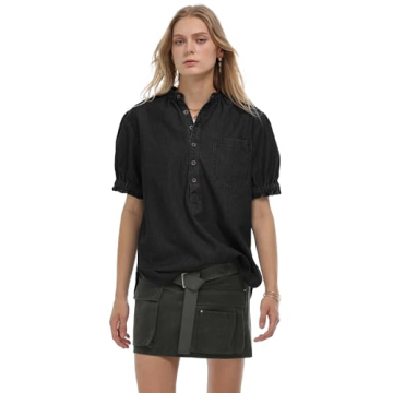 Locachy Women's Half Button Mock Neck Denim Shirt Casual Puff Short Sleeve Denim Blouse Top Black XL