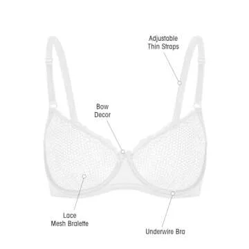 Wingslove Women's Sexy 1/2 Cup Lace Bra Balconette Mesh Underwired Demi Shelf Bra Unlined See Through Bralette (White, 36B)