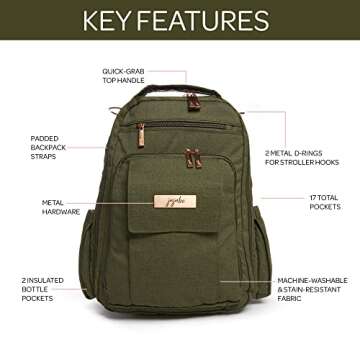 JuJuBe Diaper Bag, Travel Backpack with Portable Changing Pad, Stroller Hooks & Pockets for Baby Bottles, Diapers, Pacifier, Wipes, Snacks, & Daily Essentials, Mommy Carrier, Be Right Back - Olive