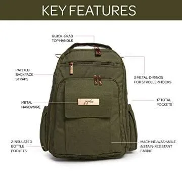 JuJuBe Diaper Bag, Travel Backpack with Portable Changing Pad, Stroller Hooks & Pockets for Baby Bottles, Diapers, Pacifier, Wipes, Snacks, & Daily Essentials, Mommy Carrier, Be Right Back - Olive