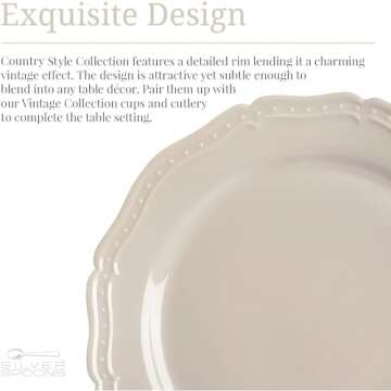 Vintage Embossed Plastic Dessert Plates for Party (20 PC) Heavy Duty Disposable Dinner Set 7.5", Fine China Look Dishes, Perfect for Upscale Weddings and Events, Cream - CountrySide Collection