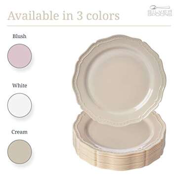 Vintage Embossed Plastic Dessert Plates for Party (20 PC) Heavy Duty Disposable Dinner Set 7.5", Fine China Look Dishes, Perfect for Upscale Weddings and Events, Cream - CountrySide Collection