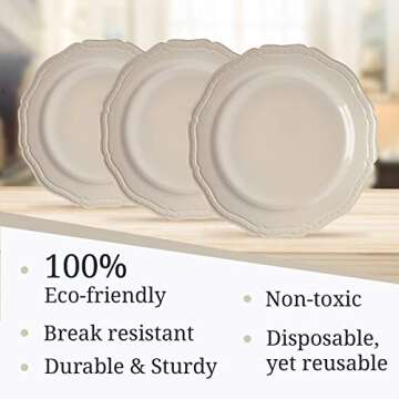 Vintage Embossed Plastic Dessert Plates for Party (20 PC) Heavy Duty Disposable Dinner Set 7.5", Fine China Look Dishes, Perfect for Upscale Weddings and Events, Cream - CountrySide Collection