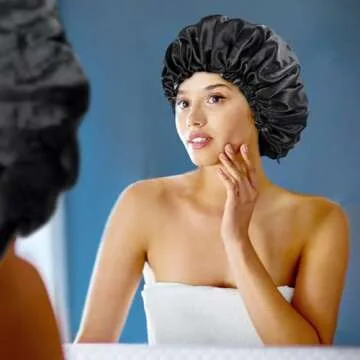 Satin Bonnet Silk Bonnet for Curly Hair Bonnet Braid Bonnet for Sleeping Bonnets for Women Large Double-Layer Adjustable Black