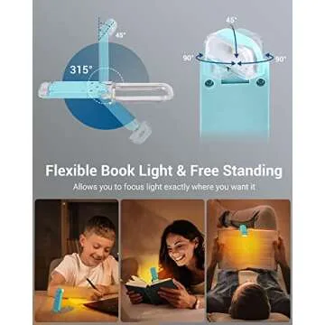 DEWENWILS USB Rechargeable Book Reading Light, Amber Glow, Blue Light Blocking, Brightness Adjustable for Eye-Care, LED Clip on Book Lights, Portable Bookmark Light for Kids (Blue)