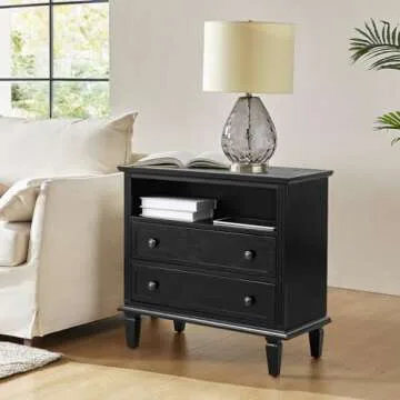 HULALA HOME Nightstand with Charging Station, Farmhouse End Table with USB Ports and Outlets, Fluted Pilasters Design Side Table with Open Space and 2 Drawers Dresser for Bedroom, Black