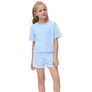 Girls 2 Piece Outfits Kids Casual Plaid Short Sleeve Crop Tops And Sweat Shorts Sets Summer