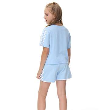 Girls 2 Piece Outfits Kids Casual Plaid Short Sleeve Crop Tops And Sweat Shorts Sets Summer