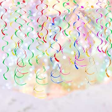 Colorful Ceiling Swirl Foil Decorations Hanging Plastic Streamer Themed Swirl Party Decoration for Wedding Thanksgiving Day Graduation Celebration, Pack of 28