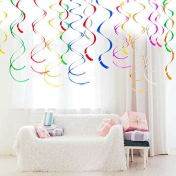 Colorful Ceiling Swirl Foil Decorations Hanging Plastic Streamer Themed Swirl Party Decoration for Wedding Thanksgiving Day Graduation Celebration, Pack of 28