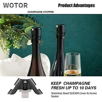 WOTOR Champagne Stoppers with Stainless Steel Champagne Bottle Stopper with Food Grade Silicone Reusable Champagne Cork, Saver Suitable for Champagne, Cava, Prosecco, Sparkling Wine (Black, 2pack)