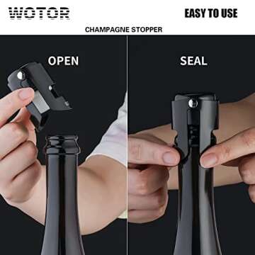 WOTOR Champagne Stoppers with Stainless Steel Champagne Bottle Stopper with Food Grade Silicone Reusable Champagne Cork, Saver Suitable for Champagne, Cava, Prosecco, Sparkling Wine (Black, 2pack)