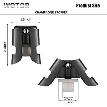 WOTOR Champagne Stoppers with Stainless Steel Champagne Bottle Stopper with Food Grade Silicone Reusable Champagne Cork, Saver Suitable for Champagne, Cava, Prosecco, Sparkling Wine (Black, 2pack)