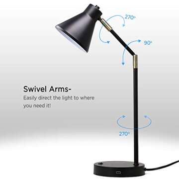 O’Bright LED Desk Lamp with USB Charging Port, 100% Metal Lamp, 270° Flexible Swivel Arms, Soft White LED Reading Light (3000K), Bedside Reading Lamp, Office Lamp, Table Lamp, ETL Listed (Black)