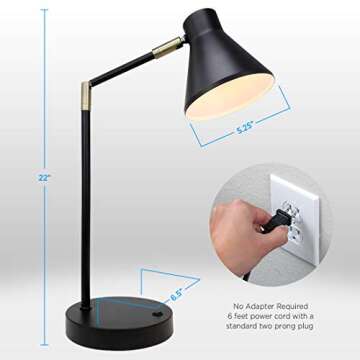 O’Bright LED Desk Lamp with USB Charging Port, 100% Metal Lamp, 270° Flexible Swivel Arms, Soft White LED Reading Light (3000K), Bedside Reading Lamp, Office Lamp, Table Lamp, ETL Listed (Black)